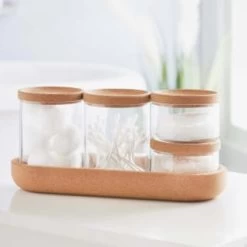 B&M Storage Jars 5pk -B&M Home Sales Store 373970 set of 4 glass storage jars with cork lids and tray