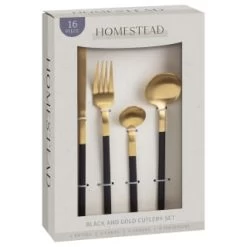 B&M Homestead Matte Black & Gold Cutlery Set 16pc -B&M Home Sales Store 375296 homestead 16 piece black and gold cutlery