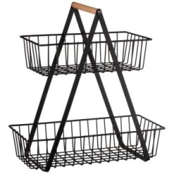 B&M Two Tier Storage Basket With Wooden Handle