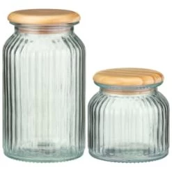 B&M Large Ribbed Glass Jar With Wooden Lid -B&M Home Sales Store 394426 394427 ribbed glass jar with wooden lid group