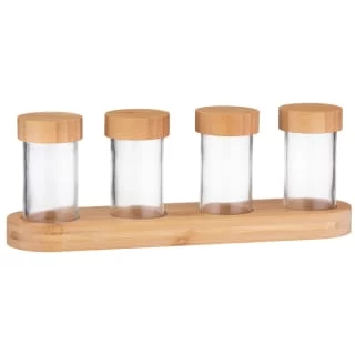 B&M Set Of 4 Glass Spice Jars With Bamboo Wood Base 1 B&M Set Of 4 Glass Spice Jars With Bamboo Wood Base