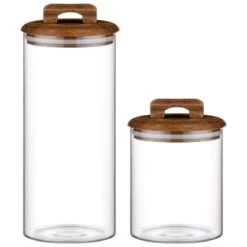 B&M Large Glass Jar With Acacia Wood Lid -B&M Home Sales Store 394438 394439 glass canister with acacia wood group 1